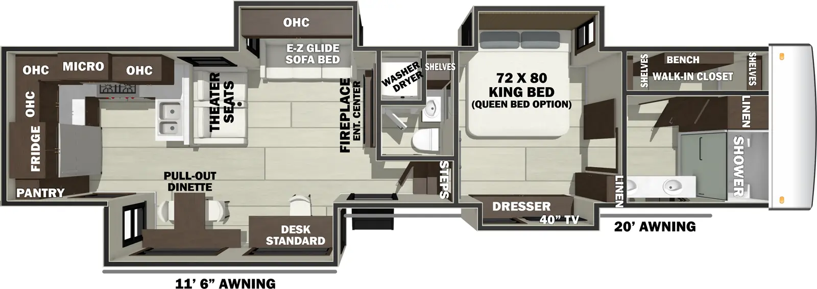 The RIVERSTONE 39RKFB floorplan has one entry and four slide outs. Exterior features include: fiberglass exterior and 20' & 11'6" awning. Interiors features include: rear kitchen and bathroom and a half.